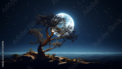 lonely tree at night against the background of the sky and moon