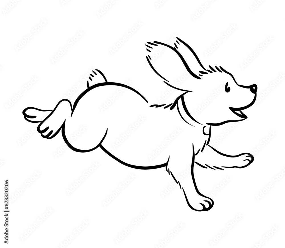 Running dog. Cute cocker spaniel with big ears. Funny domestic puppy. Cartoon black and white illustration Hand drawn sketch line Running dog. Cute cocker spaniel with big ears. Funny domestic puppy. Cartoon black and white illustration Hand drawn sketch line