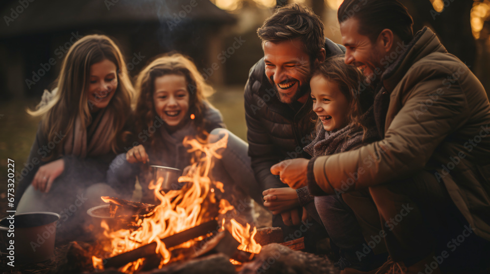 Blended family of a couple of men and three girls, happy, laughing and having fun, around a campfire at a campsite in the woods at sunset. Blended family of a couple of men and three girls, happy, laughing and having fun, around a campfire at a campsite in the woods at sunset.