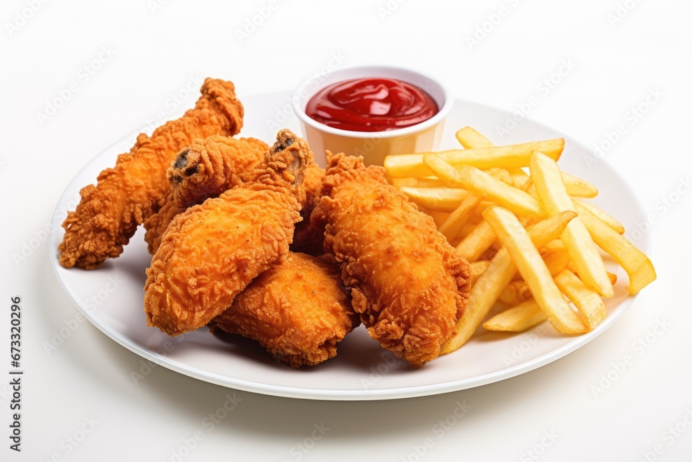 Breaded chicken legs with fries and ketchup isolated on white Breaded chicken legs with fries and ketchup isolated on white