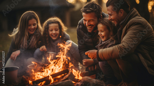 Blended family of a couple of men and three girls, happy, laughing and having fun, around a campfire at a campsite in the woods at sunset.