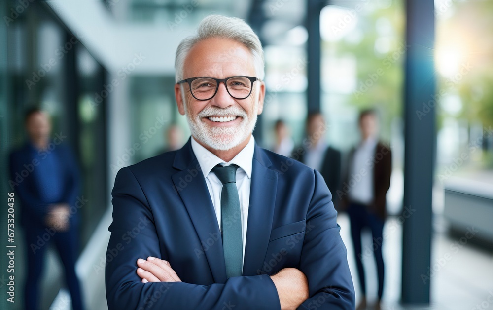 Fototapeta premium Portrait of successful senior businessman standing with his arms crossed businessman and businesswoman over big group of businesspe. Caucasian male entrepreneur in suit looking at camera with a smile.