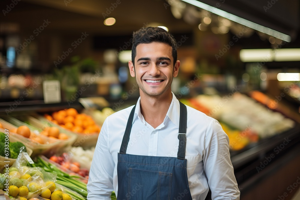 Portrait of a handsome seller with arm crossed in supermarket. Portrait of smiling man wearing apron at supermarket Portrait of a handsome seller with arm crossed in supermarket. Portrait of smiling man wearing apron at supermarket