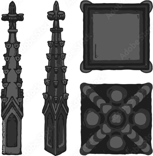 Gothic pinnacle - cap/crown/peak of a buttress stylized drawing. Architectural stone spire; european medieval cathedral/church crocketed turret illustration; with top and bottom view; vector