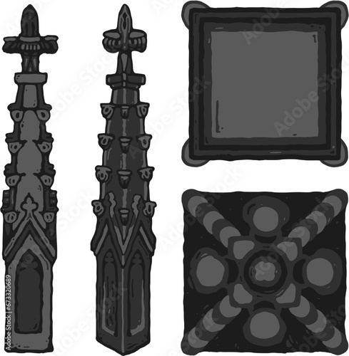 Gothic pinnacle - cap/crown/peak of a buttress stylized drawing. Architectural stone spire; european medieval cathedral/church crocketed turret illustration; with top and bottom view; vector