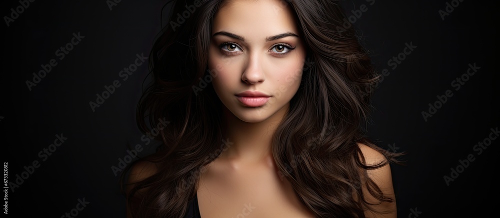 An image capturing the beauty of a young woman with dark hair set against a black backdrop