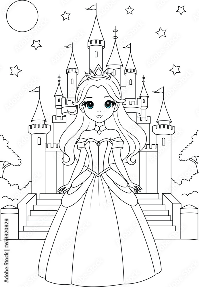 Coloring page chibi princess and a starlit castle.