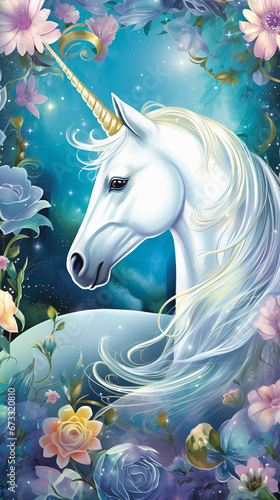 cute pink unicorn with flowers