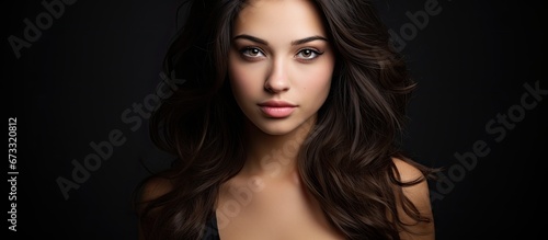 An image capturing the beauty of a young woman with dark hair set against a black backdrop