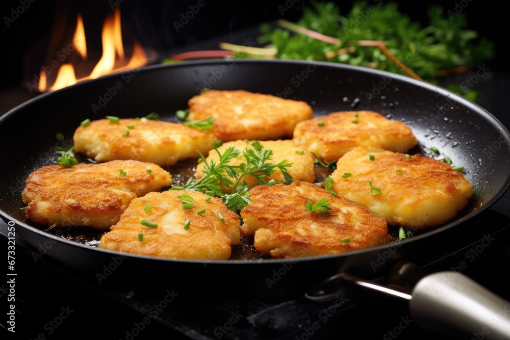 Closeup view of frying pan with schnitzels being cooked Closeup view of frying pan with schnitzels being cooked