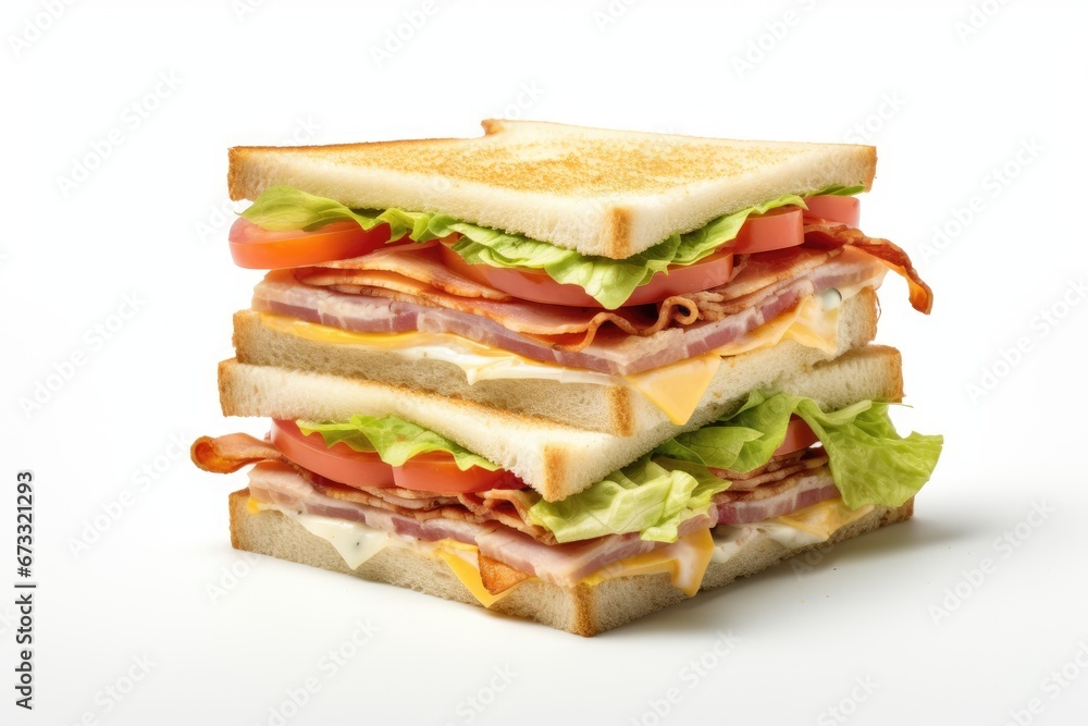 Club sandwich consisting of two white halves Club sandwich consisting of two white halves