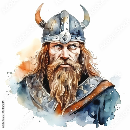 Portrait of a viking head, cartoon watercolor illustration. photo