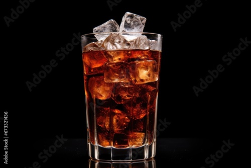 Coke in glass with ice cubes on black