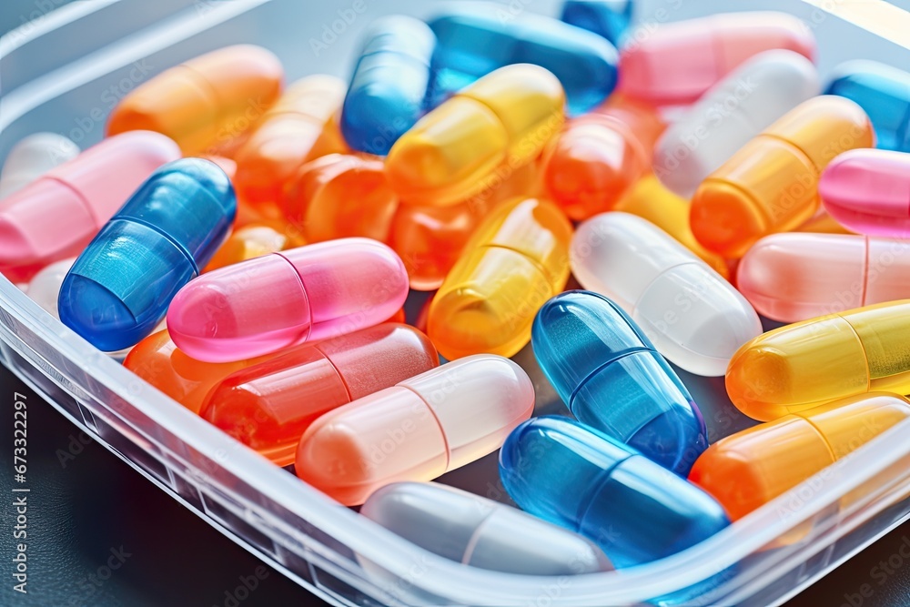 Colorful blister packs containing antibiotics medicines and capsules represent the pharmaceutical industry s battle against antimicrobial drug resistance - obrazy, fototapety, plakaty 