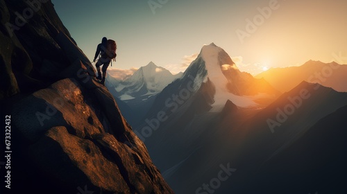 A fearless rock climber, scaling a steep cliff against the backdrop of rugged mountains in the Himalayas, bathed in the soft glow of sunrise © Artem