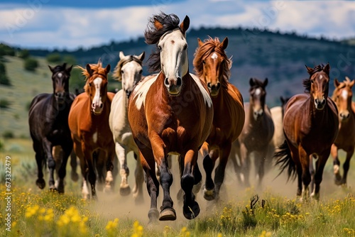 Colorful horses run in front of the Pryor Mountains in Montana photo