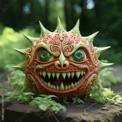 The red apple shape with the green costume displays a strange face, smiling evilly and horribly. Good to use for Halloween, backgrounds, wallpapers, advertisements etc. Generative Ai Image © callmeers