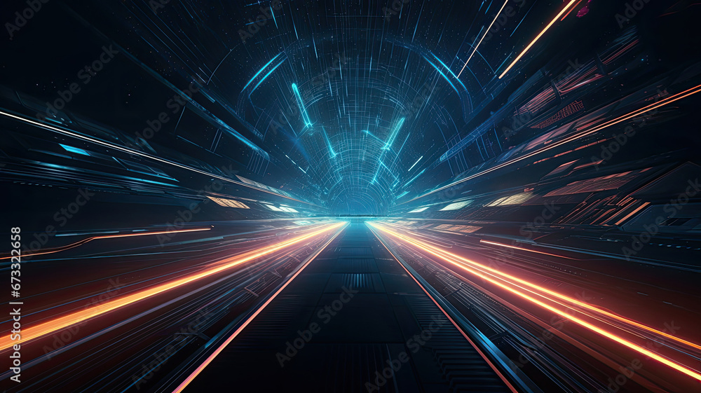 Fototapeta premium Hyperspace journey zooming through a tunnel filled orange and blue neon lights