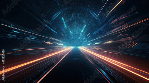Hyperspace journey zooming through a tunnel filled orange and blue neon lights photo