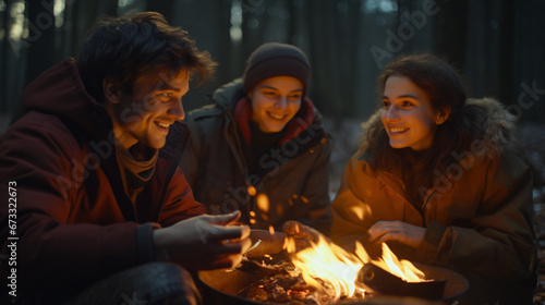 three teenagers, happy, laughing and having fun, around a campfire at a campsite in the woods at sunset. photo