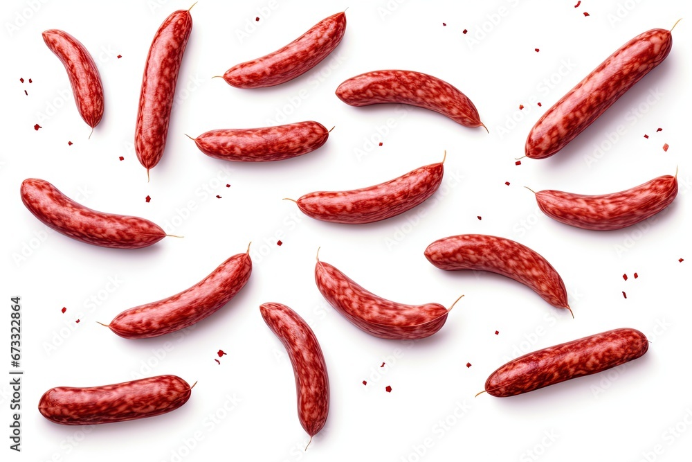 Flying fresh sausages displayed on a white backdrop Flying fresh sausages displayed on a white backdrop
