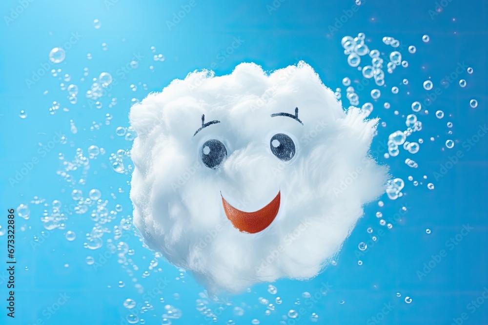 Naklejka premium Foamy children s shampoo bubbles create a funny face on a blue background resembling a cleanser foam texture for cosmetics