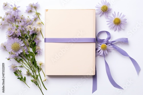Flower framed flat lay with lilac chamomile branches blue ribbon beige ribbon and notebook on white background