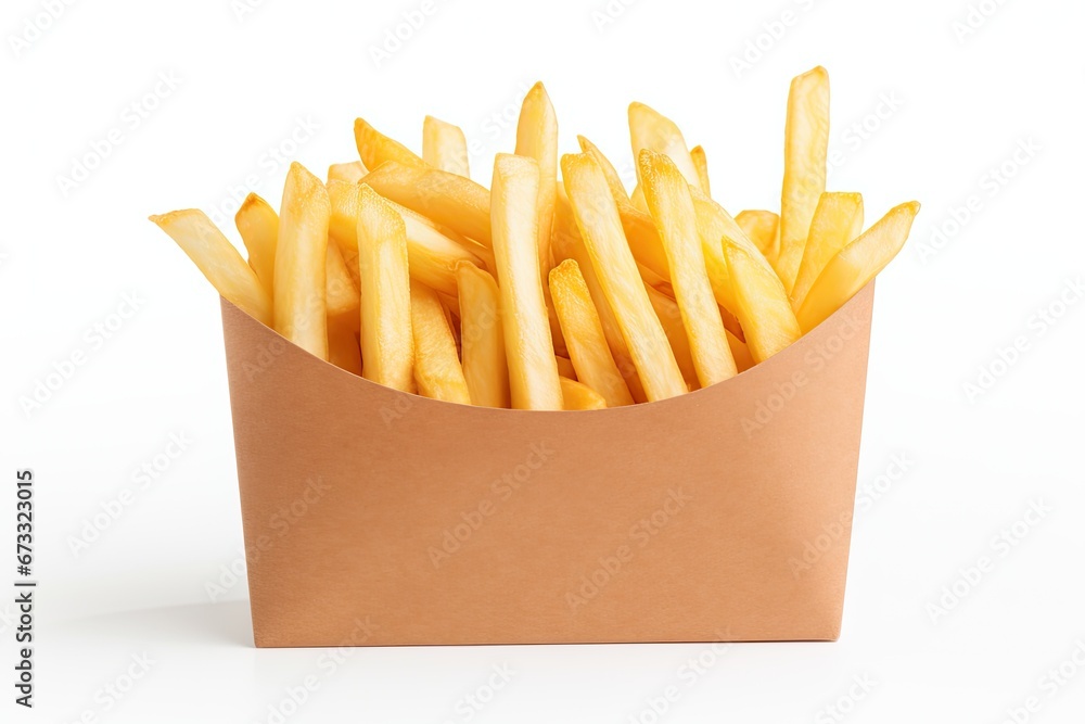 French fries in a paper wrapper isolated on white background Front view - obrazy, fototapety, plakaty 