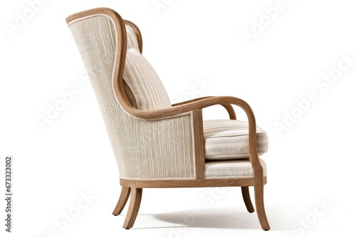 French Art Deco accent wing chair isolated on white Armchair with armrests in naturally worn oak Sofa set with textural woven fabric seating Interior furniture