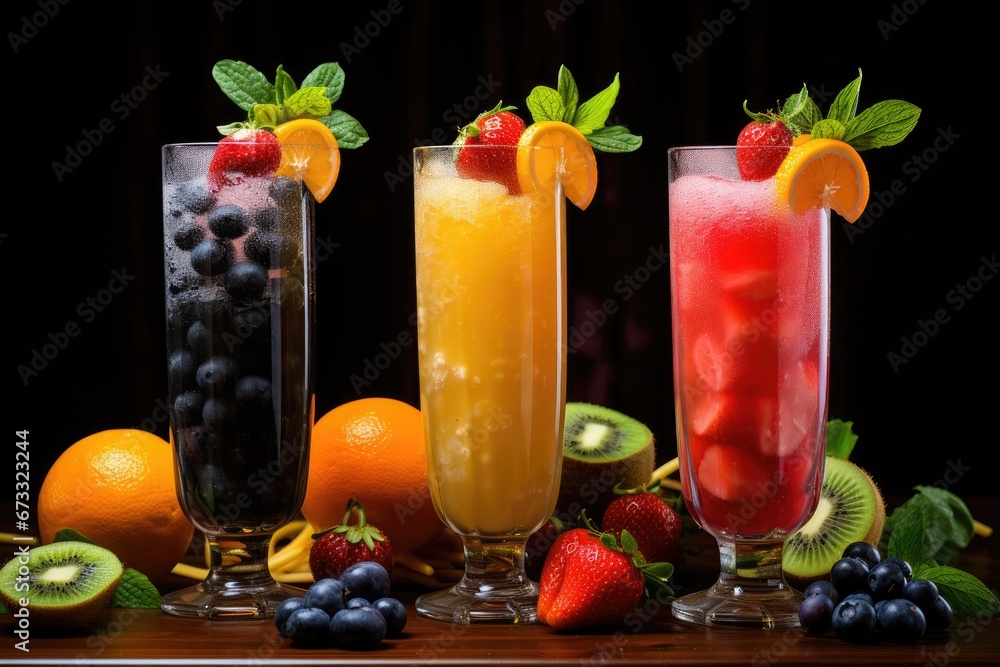 Fresh fruit juice variety served in tall glasses made from orange kiwifruit and strawberries packed with vitamins for a healthy summer indulgence