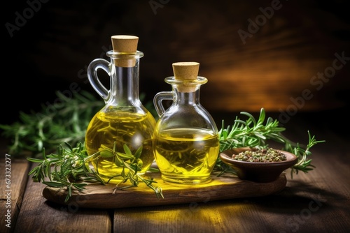 Fresh herbs on wooden background complemented by olive oil