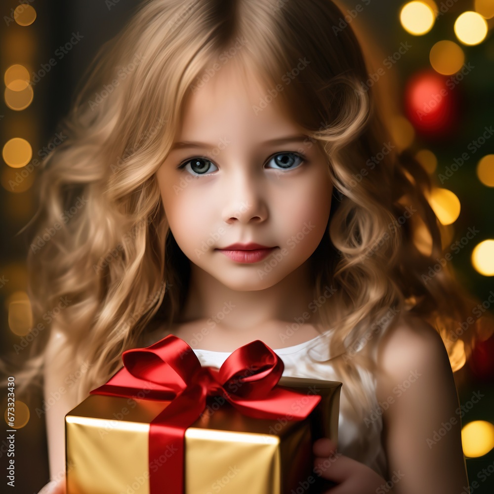 the girl holds a gift in his hands. Christmas card. the girl holds a gift in his hands. Christmas card.