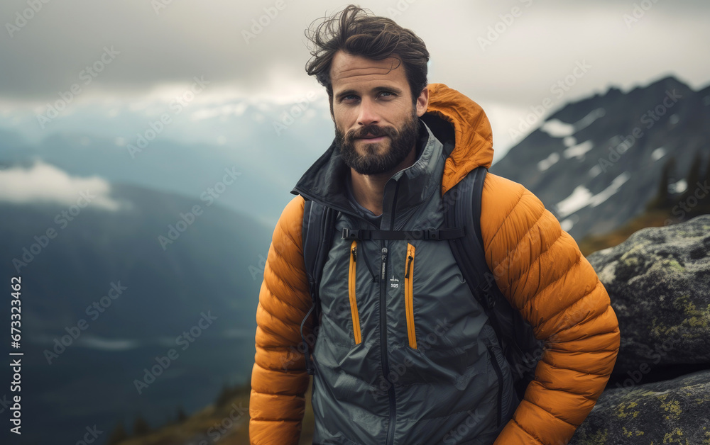 Tourist man hiker on top of the mountain