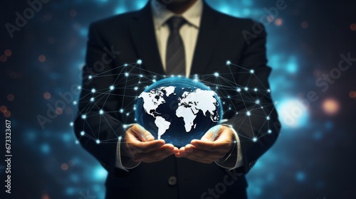 Digital technology, businessman holding Global network connection. Big data analytics and business intelligence. World map point and line composition of global business. innovation, generate by