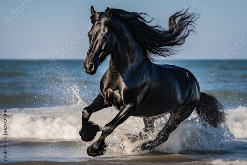 Friesian horse gallops on water near the coast
