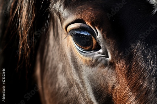 Friesian horse s brown eye sunlit emphasizing lashes Text space on right side