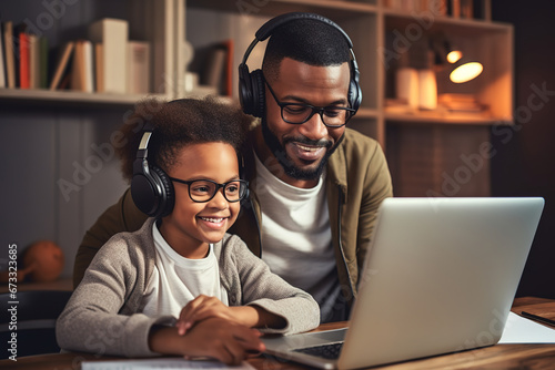 African American father helping boy remotely learning with laptop, interesting app for children, using modern tech, homeschooling, making homework, clever kid and self education at home concept. photo