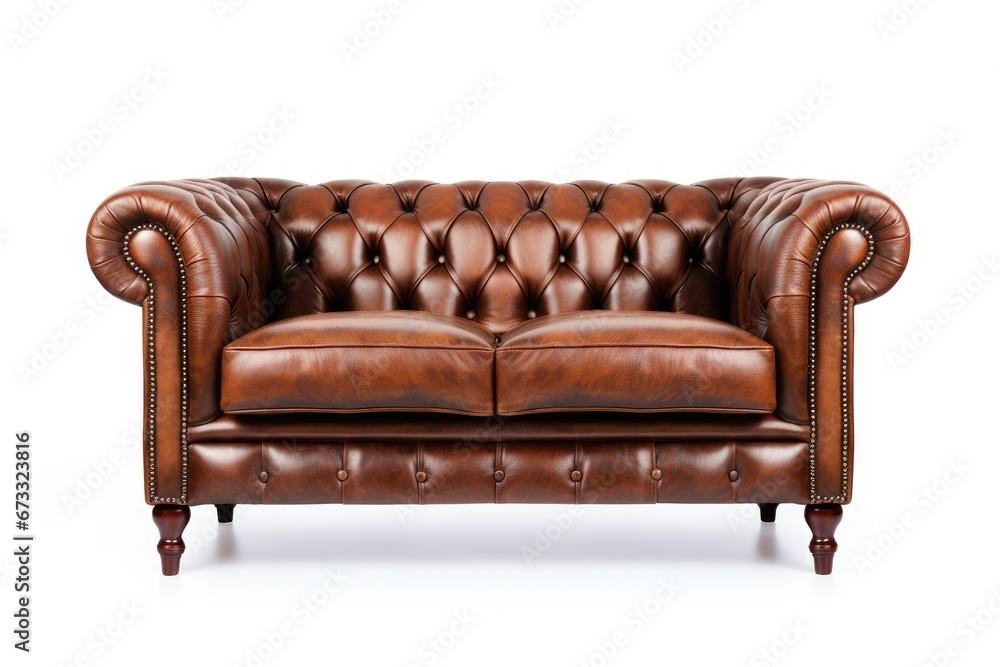 Front view of an isolated luxurious brown leather sofa on white background Front view of an isolated luxurious brown leather sofa on white background