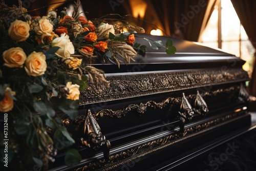 Funeral casket seen in hearse or chapel or at cemetery burial