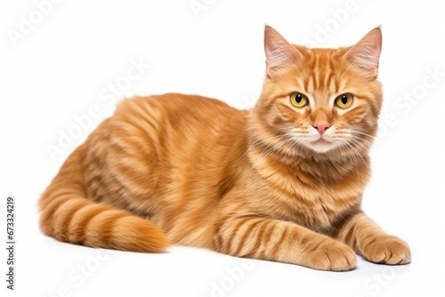 Isolated ginger tabby cat lies on white background
