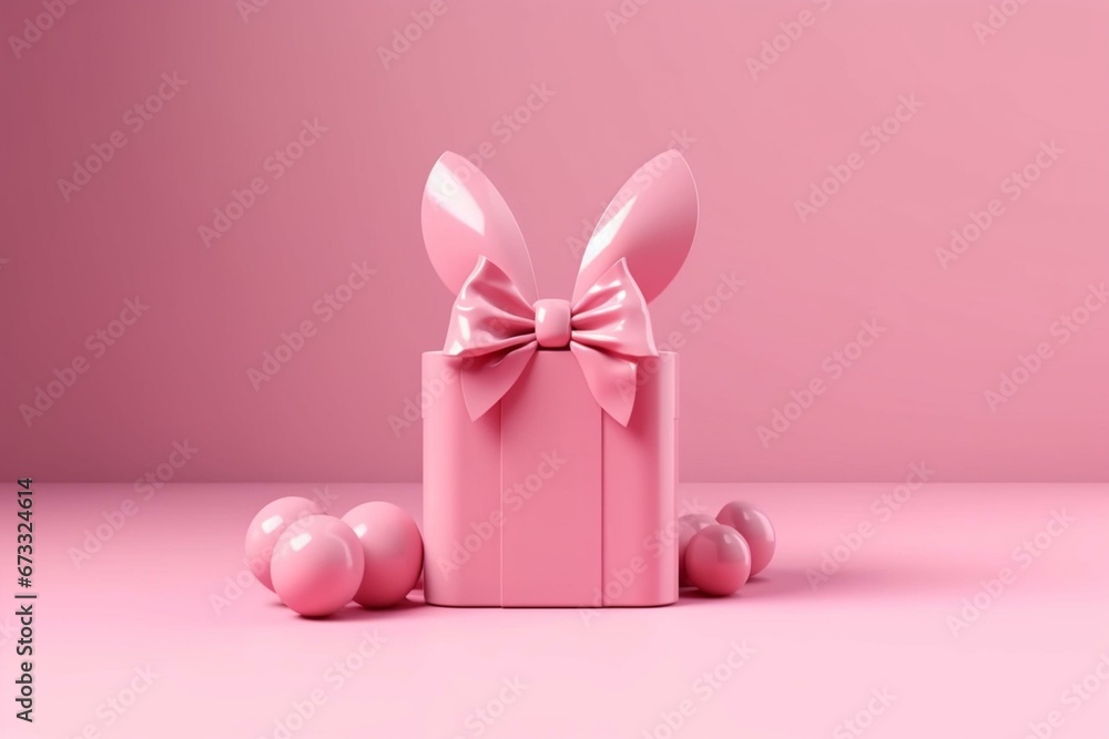 Easter. Pink luxury gift box with rabbit ears. Minimalism 3D rendering. Generative AI