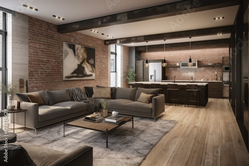 Modern dwelling with exposed brick walls and open floor plan, featuring industrial-inspired design elements. Generative AI