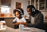 African American father helping girl remotely learning with laptop, interesting app for children, using modern tech, homeschooling, making homework, clever kid and self education at home concept.