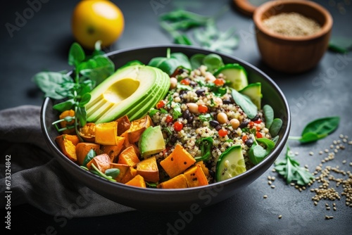 Making a nutritious salad with quinoa avocado sweet potato beans herbs and spinach on a rustic background for a clean healthy vegan vegetarian meal photo