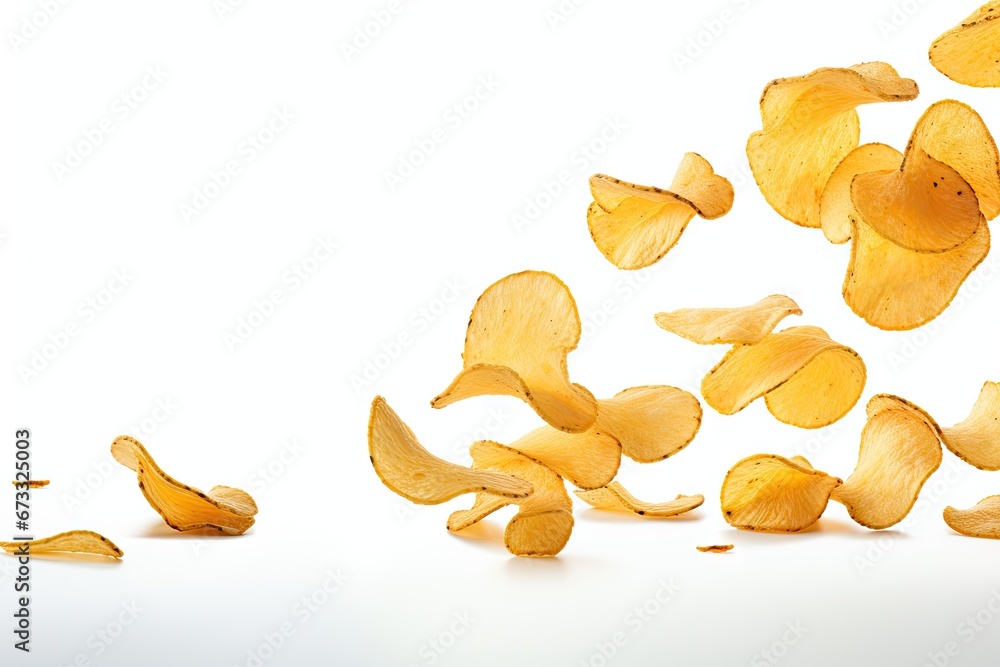 Isolated potato chips falling on white background selective focus Isolated potato chips falling on white background selective focus