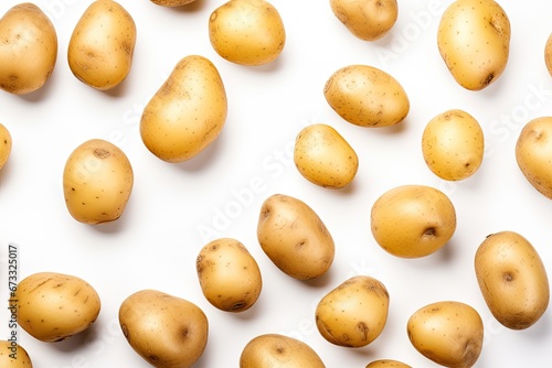 Isolated potato with white background Copy space for text Top view Flat lay pattern Shadowless potatoes in the air photo