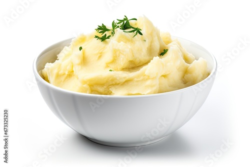 Isolated white bowl with mashed potatoes photo