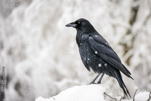 a crow standing in a snowy landscape. Generative AI