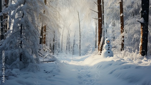 A snowman amid a forest of snow-covered trees, showcasing the integration of the snowman into its surroundings © kwanchaift