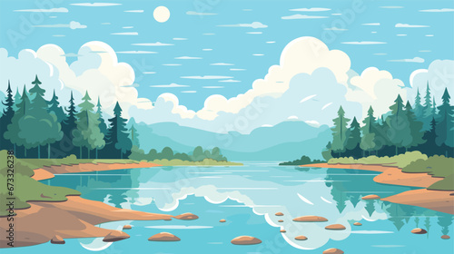 Cartoon landscape with river bay, water surface and river banks with trees. Cozy place background vector